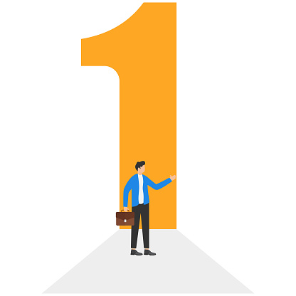 Standing in front of an open door in the shape of number one. Business vector illustration