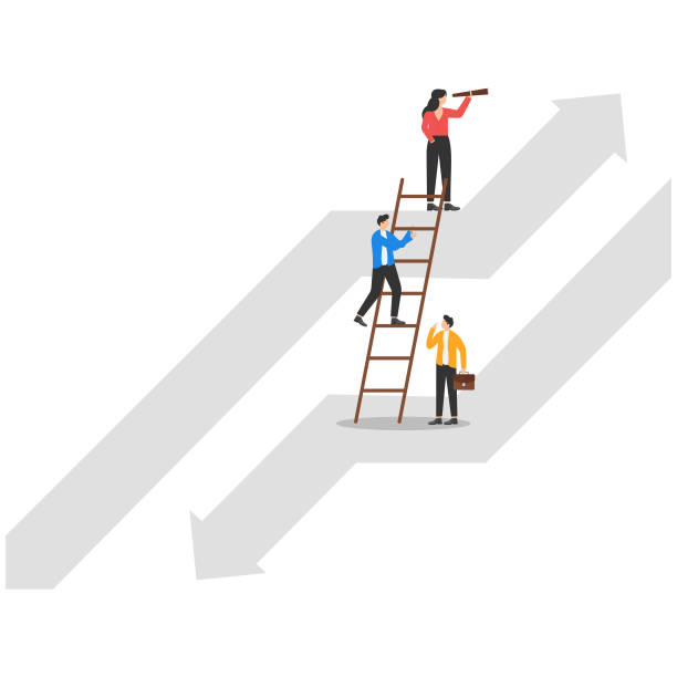 illustrazioni stock, clip art, cartoni animati e icone di tendenza di business team moving up to growth from down graph. concept business vector illustration. flat design style. - cliff ladder business problems