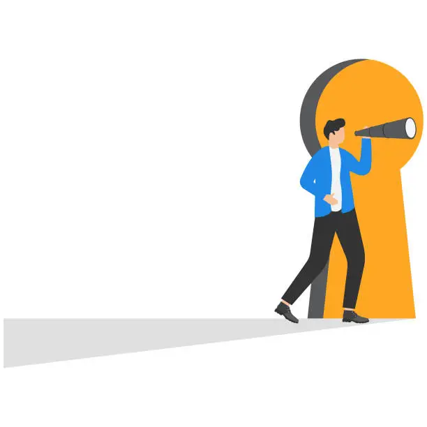 Vector illustration of Businessman cautious looking out from through a large lit up keyhole. Concept business vector illustration.