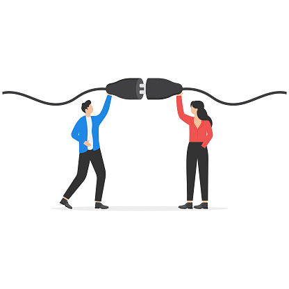 Connection. Business people hold plug and outlet in hand. Concept business vector illustration.