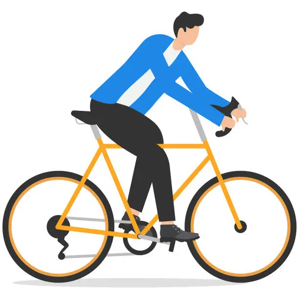 Vector illustration of A young man rides a red bicycle. Businessman riding on the bike and hurrying to work. Cool male businessman riding a bicycle to office.