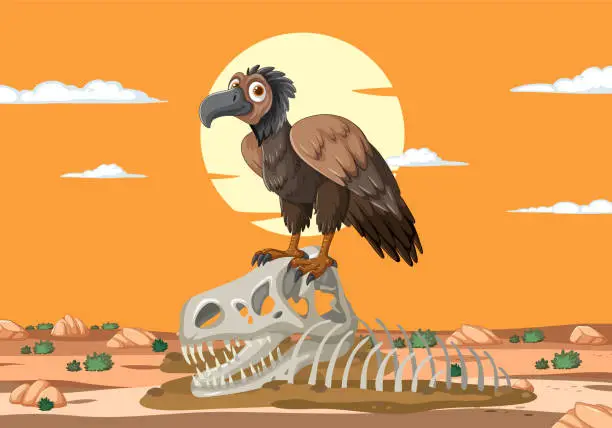 Vector illustration of Cartoon vulture standing on a skeleton in desert