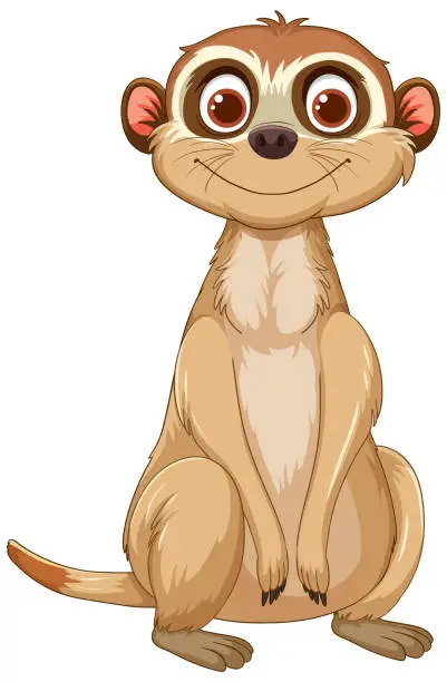 Vector illustration of Cute, smiling meerkat sitting upright on white background.