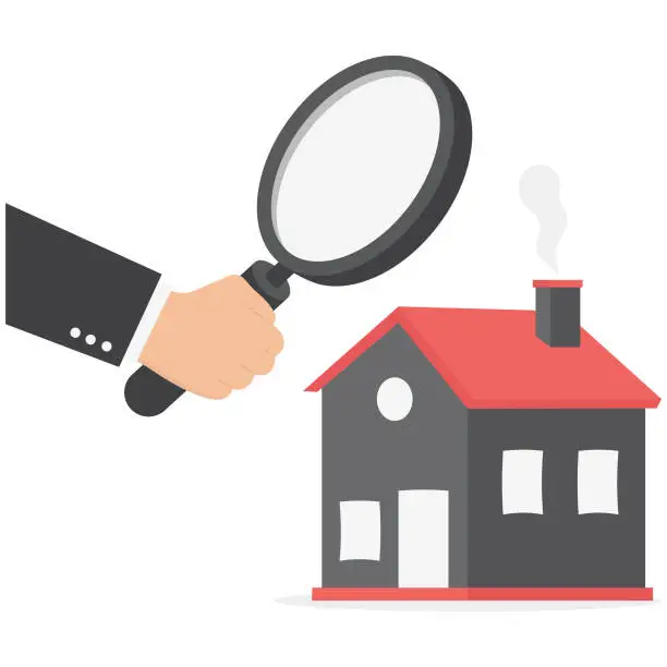 Vector illustration of Searching for new house, look for real estate and accommodation valuation or new rent and mortgage concept, smart businessman using magnifying glass zooming to see house or residential details.