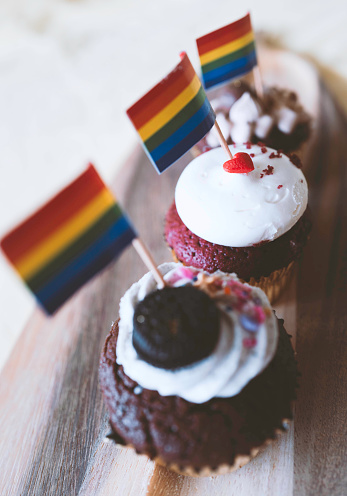​They were my birthday treats. What lovely cupcakes. Flavor was Chocolate cookie and Red velvet respectively.Especially the red velvet cake is the cutest with the tiny red heart on the top on it. It is sending LOVE to everyone. LGBT is coming soon. I topped up the rainbow flags on each cake to share love.