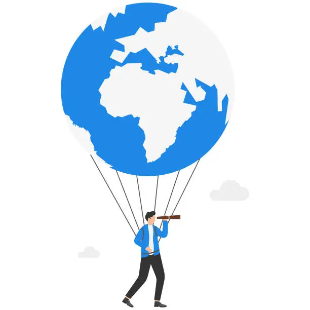 Vector illustration of Businessman looking telescope in globe air balloon. Concept business vector illustration.