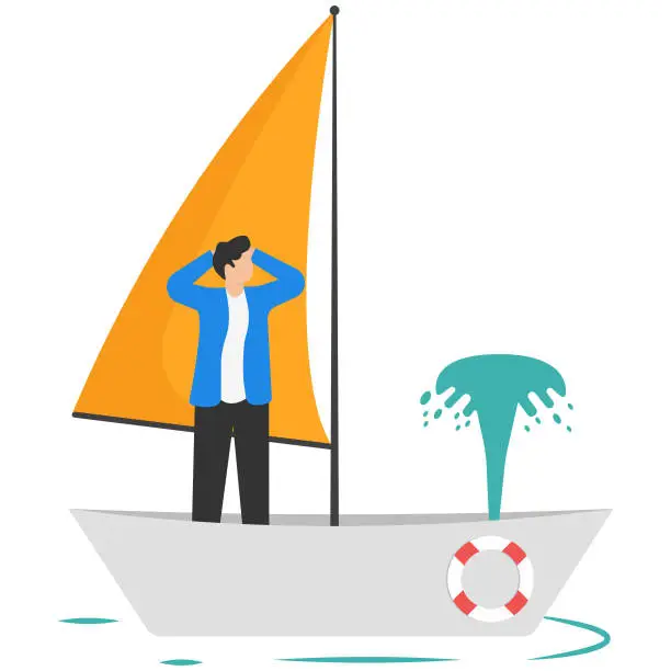 Vector illustration of Rowing boat and watching the water squirting inside. Boat is sinking concept