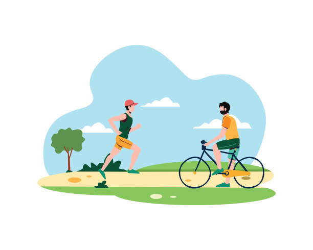 ludzie biegają i jeżdżą na rowerze w parku. koncepcja zdrowego stylu życia. sport i rekreacja w przestrzeni publicznej ilustracja wektorowa projektowanie - running jogging urban scene city life stock illustrations