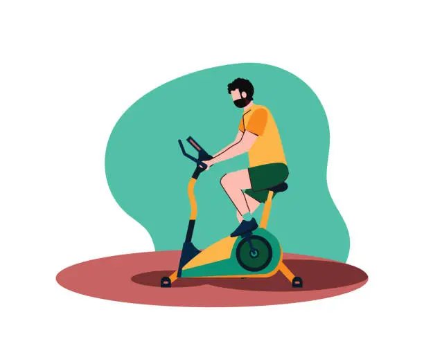 Vector illustration of Man doing sport exercises using static bike. Vector illustration for sport and leisure activity