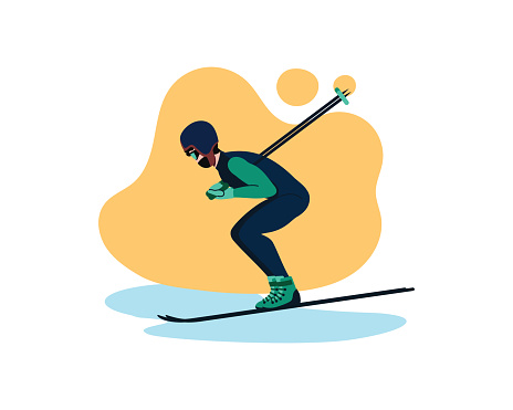 Sports man skiing. Vector illustration of skier jumping from mountain in action pose isolated on white. Winter extreme sport, competition concept