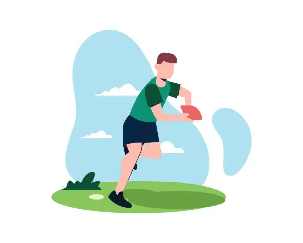 Vector illustration of A man playing rugby outdoors, holding ball and running on field. Vector illustration for sport, young rugby player, American football concept