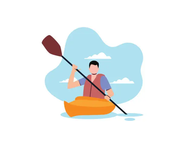 Vector illustration of Young man solo rowing boat with paddle. Active people with extreme sport and leisure activity vector illustration design isolated on white background.