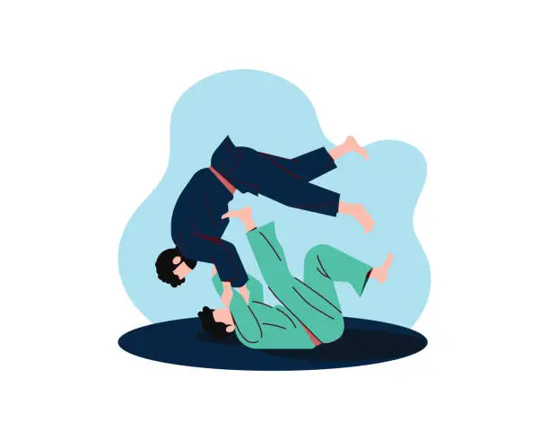 Vector illustration of Studio shot of two men, professional judo athletes training isolated over white background. Sweeping hip throw. Concept of martial art, combat sport, health, strength, energy. Copy space for ad, flyer