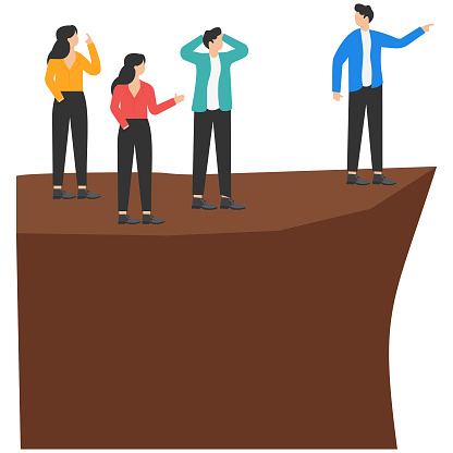 Wrong decision making, stupid incompetence leader or boss, mistake lead company and employees to sabotage or bad problem concept, stupid boss manager pointing order employees to jump off cliff.