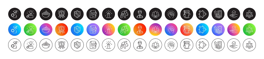 Approved, Businessman person and Lotus line icons. Round icon gradient buttons. Pack of Ethics, Strategy, Petrol station icon. Agreement document, Inflation, Empower pictogram. Vector