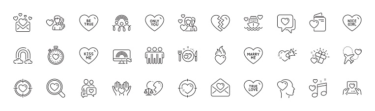 Love mail, Love mail and Heart flame line icons. Pack of Romantic dinner, Friendship, Heart target icon. Kiss me, Dating chat, Marry me pictogram. Couple, Friend, Be true. Line icons. Vector