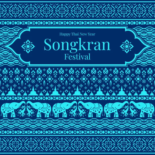 Vector illustration of Happy thai new year or songkran festival - Text in thai line frame on thai flowers and elephant playing water art traditional texture blue tone style vector design