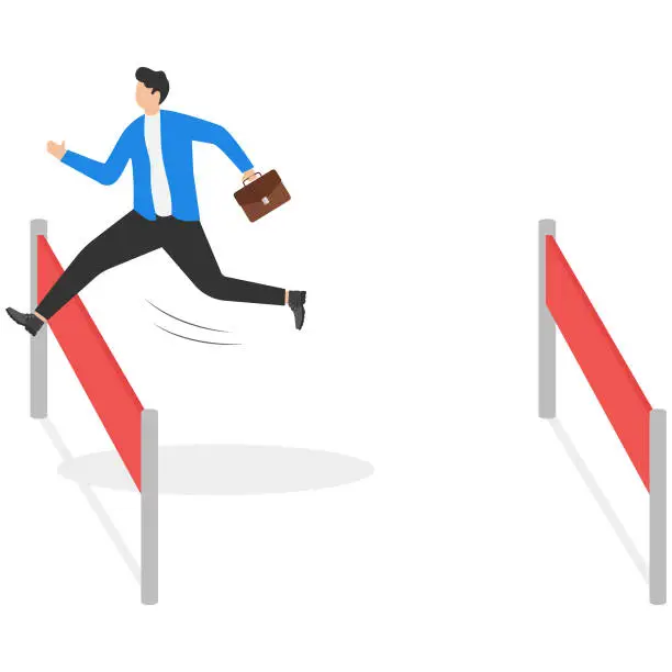 Vector illustration of Vector illustration of a businessman running and jumping hurdles. Conceptual design for overcoming difficulties in business.