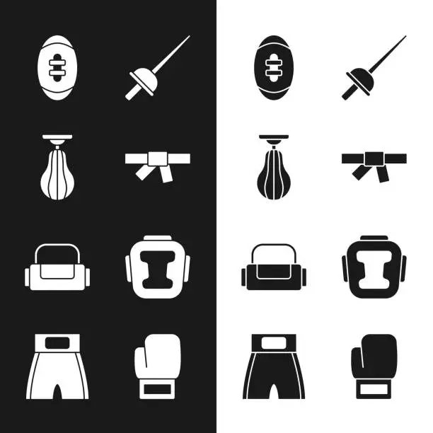 Vector illustration of Set Black karate belt, Punching bag, American Football ball, Fencing, Sport, Boxing helmet, glove and short icon. Vector
