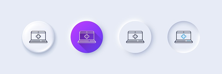 Medicine laptop line icon. Neumorphic, Purple gradient, 3d pin buttons. Online medical help sign. Line icons. Neumorphic buttons with outline signs. Vector
