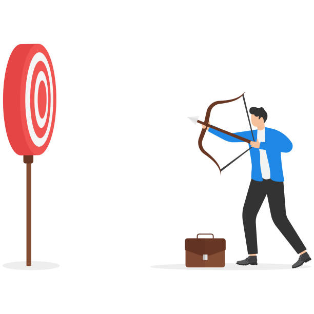 ilustrações, clipart, desenhos animados e ícones de empresário com arco e flecha acertando o pivô no alvo do tiro com arco. - bulls eye arrow archery accuracy