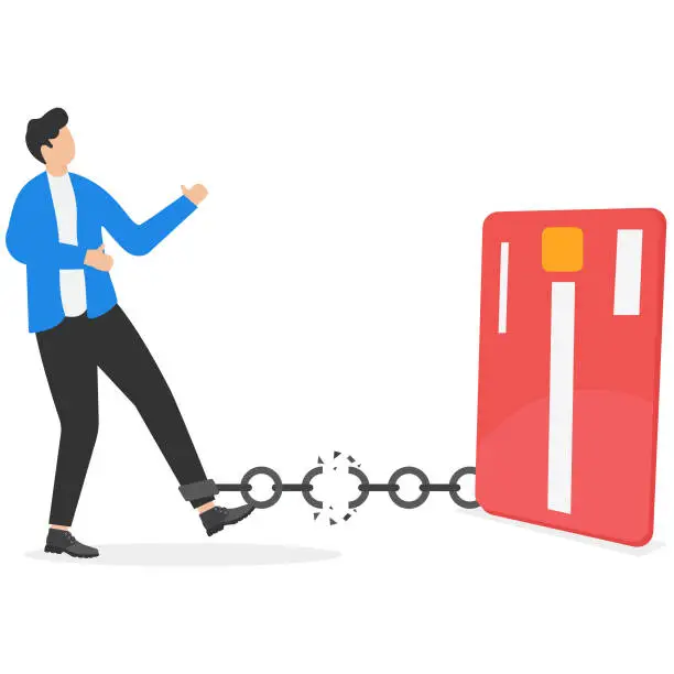 Vector illustration of Businessman breaks free from the chain to bank credit card.