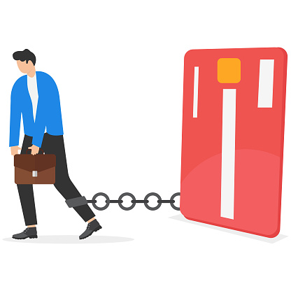 businessman with foot chained to bank credit card trying to escape. vector illustration on credit card debt concept