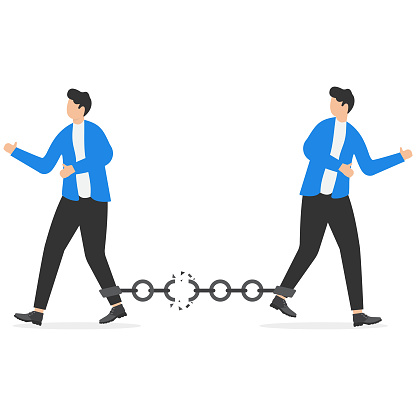 Businessmen walking in opposite direction and breaking the chain link between them. Conceptual vector illustration for bad business relationship or splitting partnership