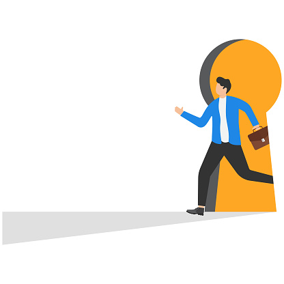 businessman in suit entering room through keyhole. Creative vector illustration for concepts on secrets, spy and privacy intrusion.