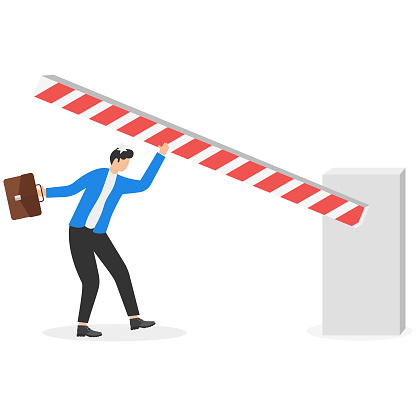 businessman knocked off balance by automated bar barrier at boom gate. Vector illustration on concept for unexpected hazards and personal accidents
