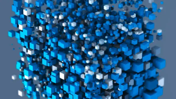Vector illustration of Abstract colored blocks. Blue abstract cubes of different sizes. Abstract 3D cubes on a blue background. 3D vector illustration