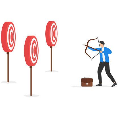 businessman holding bow and arrow confused by multiple bulls eye target. Creative vector illustration on confusion due to lack of specific goal concept