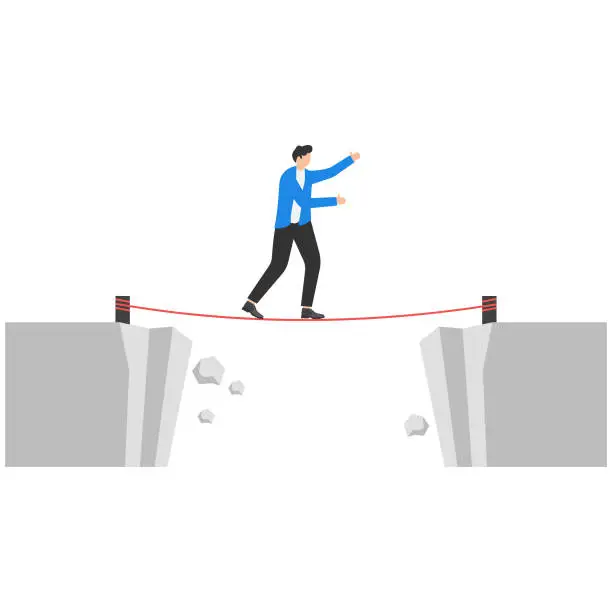 Vector illustration of Businessman standing and walking a tightrope over the abyss. Risk Management.