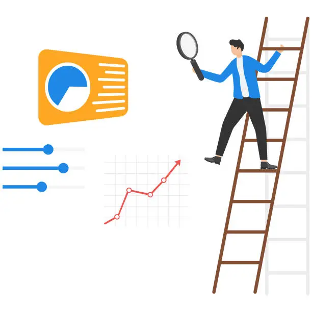 Vector illustration of Businessman with magnifying glass using ladder to see work optimization based on graph. Optimization business concept.
