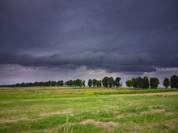 istock landscape green field with black storm clouds, Storm dark clouds over the field with grass, a storm is coming 2134678122