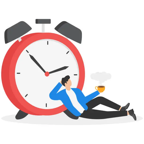 Vector illustration of Sitting businessman with a cup of coffee beside the alarm clock.