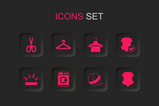 Set Washer Hanger wardrobe Scissors Yarn ball Leather and Needle bed and needles icon. Vector.