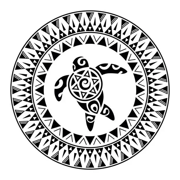Vector illustration of Round tattoo ornament with turtle maori style. African, aztecs or mayan ethnic style.