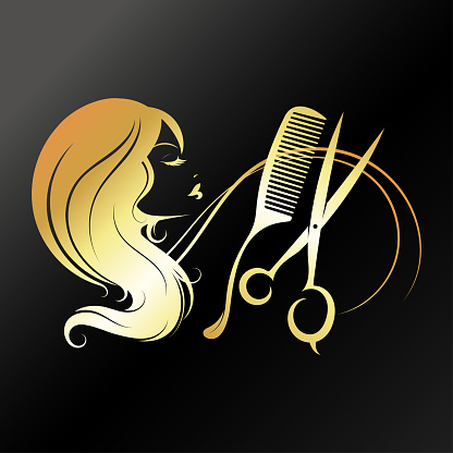 Girl with scissors and comb, gold design for beauty salon