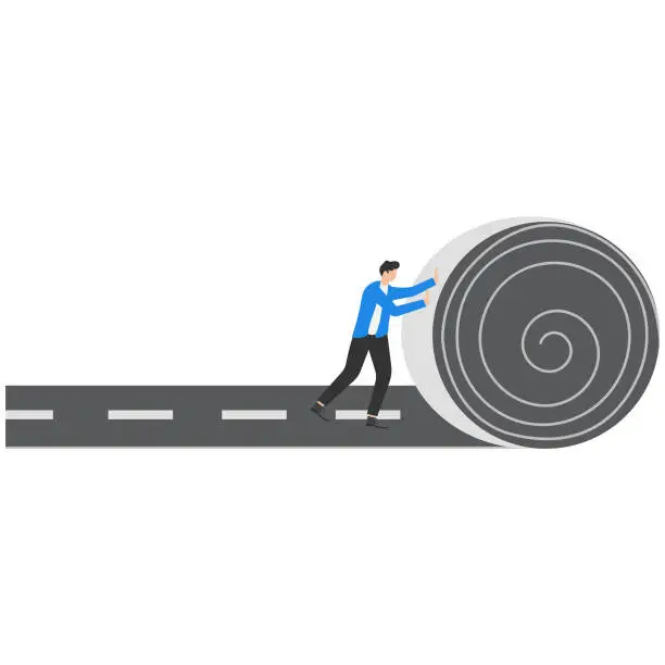 Vector illustration of Develop career path or create success way, begin new road to achieve target or entrepreneur plan ahead way their own way concept, confident businessman rolling the road carpet to walk to success.