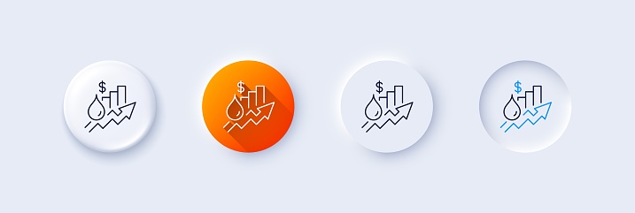 Rise price line icon. Neumorphic, Orange gradient, 3d pin buttons. Petrol excise duty sign. Tax rate symbol. Line icons. Neumorphic buttons with outline signs. Vector