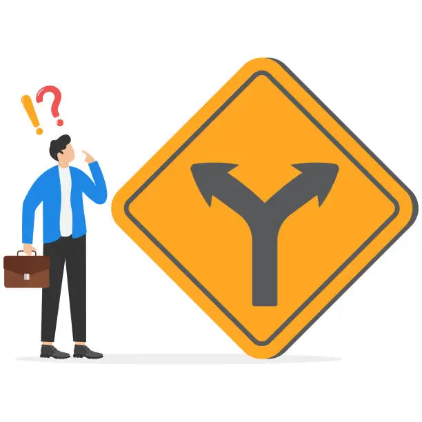 Vector illustration of Decision to choose pathway, alternative or choice, deciding career path, determination or thinking to find solution concept, contemplation businessman thinking which way to go on folk road sign.