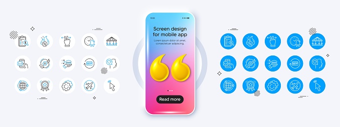 Hot loan, Cursor and Airplane mode line icons. Phone mockup with 3d quotation icon. Pack of Touchscreen gesture, Eco energy, Refund commission icon. Vector