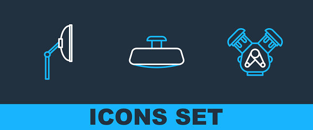 Set line Car engine Windscreen wiper and mirror icon. Vector.