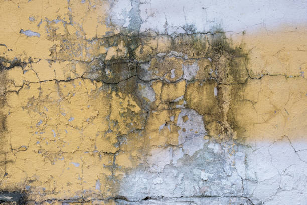 istock Surface of an old wall with yellow plaster with cracks and paint stains 2134691999