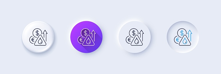 Fuel prices line icon. Neumorphic, Purple gradient, 3d pin buttons. Petrol price sign. Diesel rate symbol. Line icons. Neumorphic buttons with outline signs. Vector