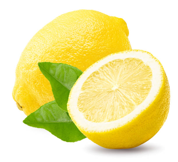 istock lemon with slice and green leaves isolated on white background. clipping path 2134715270