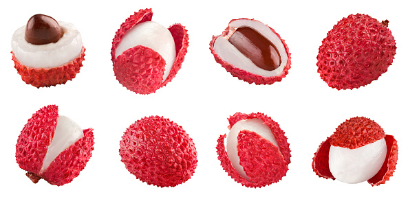Fresh lychee with slices isolated on white background. clipping path