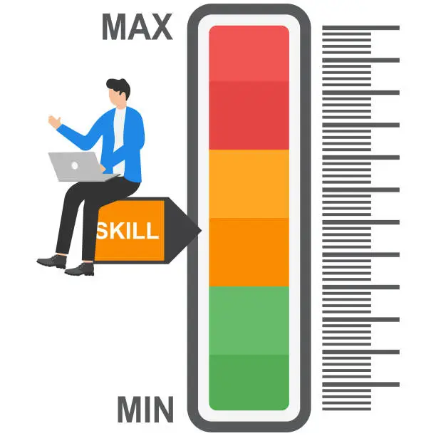 Vector illustration of Businessman skill on the normal skill level. Measurement and performance concept.