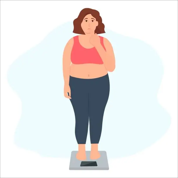 Vector illustration of Overweight woman is standing on the scales.